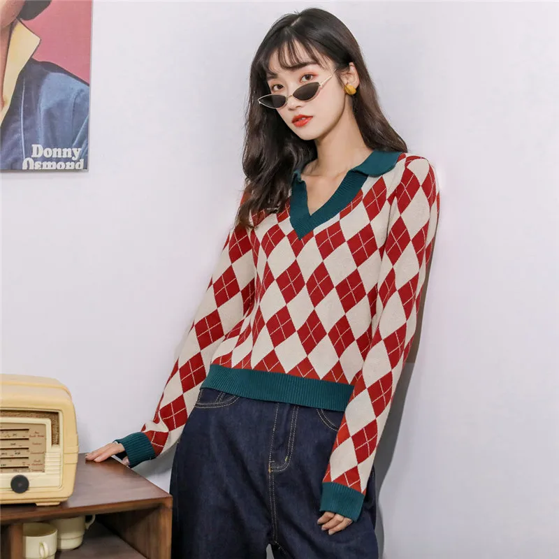 Women Sweater Vintage Plaid Sweater Knitted Green Red Short Pullover Autumn Spring Plus Size jumper Pull Femme 2020