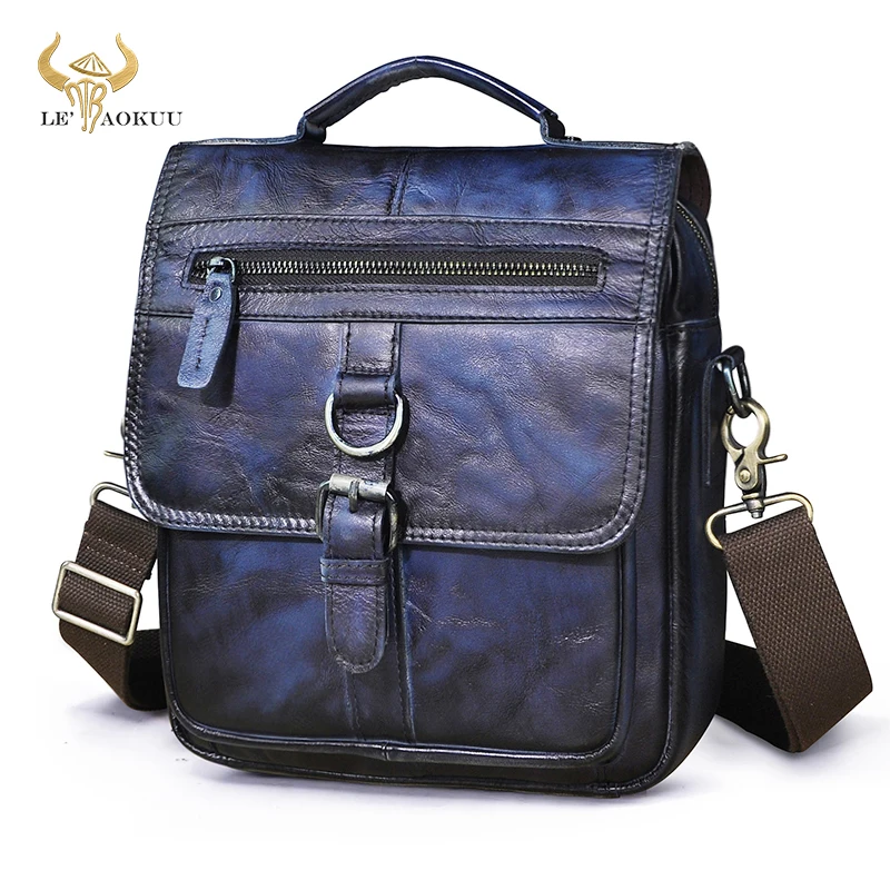 

Luxury Original Leather Male Fashion Blue Messenger bag Design Travel Cross-body Bag 9.8" Tablet Tote Mochila Satchel bag 039