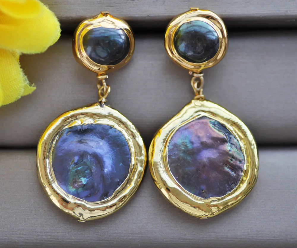 Z11104 24mm Black Coin Pearl Gold plated Dangle Earring