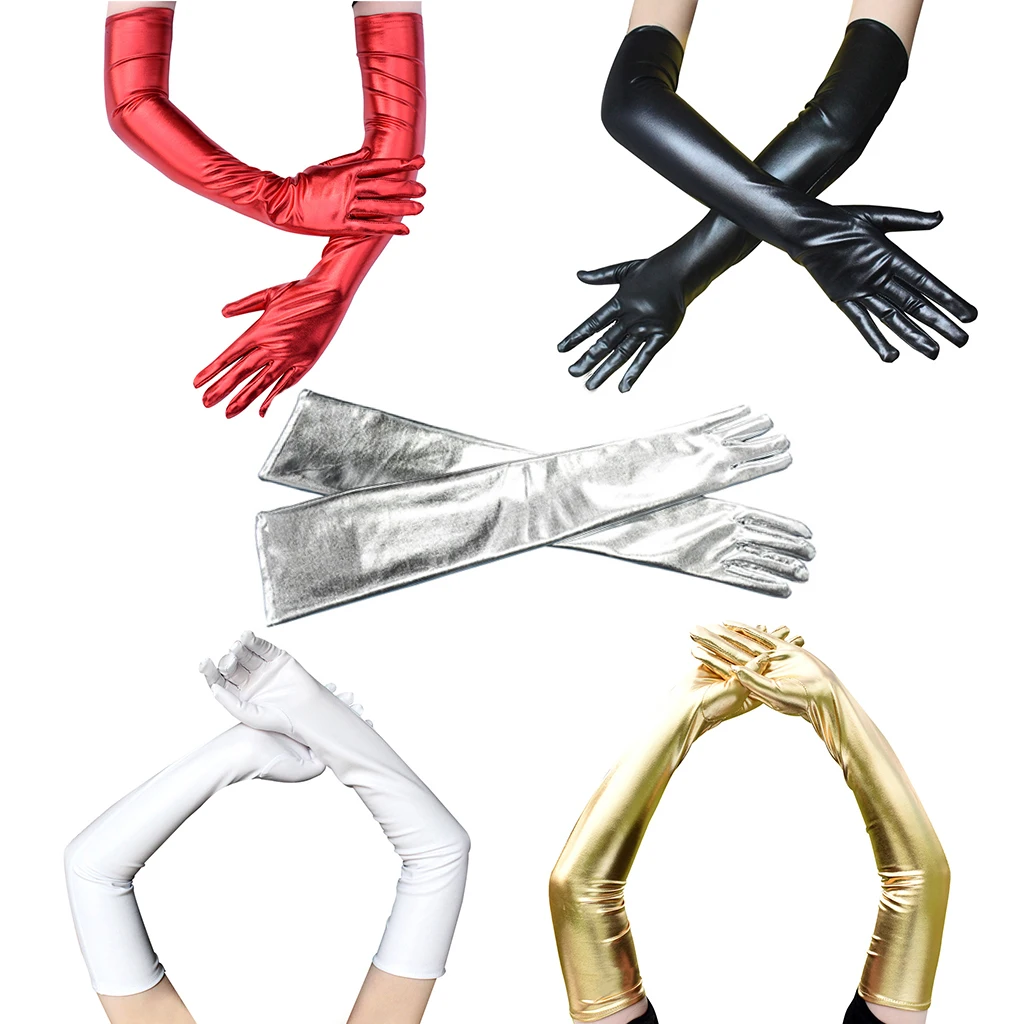 Stretch PU Leather Skinny Long Glove Punk Rock Jazz Disco Dance Gloves Shiny Metallic Mittens Cosplay Accessory