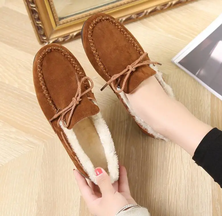 Winter Women Loafers Plush Slip on Flat Shoes Bow Woman shoes Flats Warm Loafer Wool Casual Shoes Fur Boat Shoes zapatos mujer