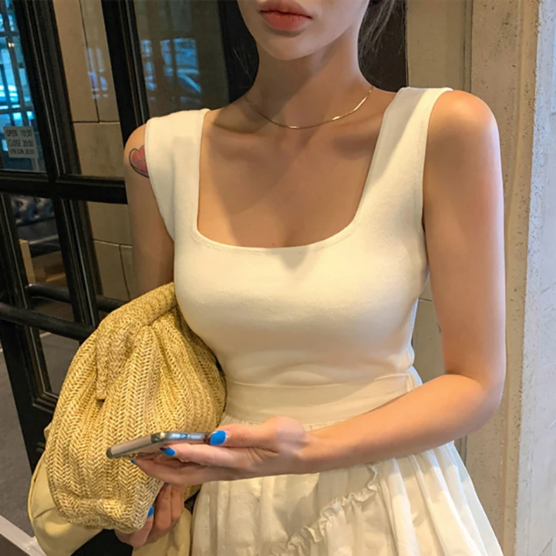 

New Fashion Sleeveless High Elasticity Sexy Slim White Tank Top Women Korean Clothes 2021 Summer Tops Black Shirt Haut Femme