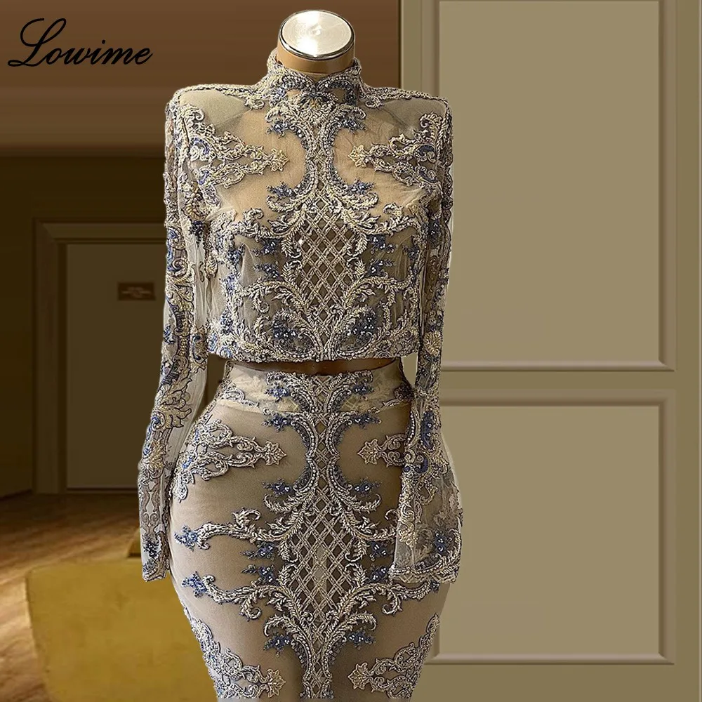 Unique Design Two Pieces Prom Dresses Mermaid Long Sleeves Evening Dresses With Beads Lace Wedding Party Dresses Women Gowns