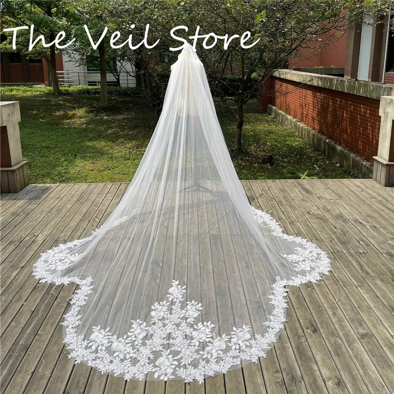 

Real Photos 3 Metres Long Bridal Wedding Veils Lace Appliques Ivory White Cathedral Tulle Veil for Brides 3 M Dramatic Scallop