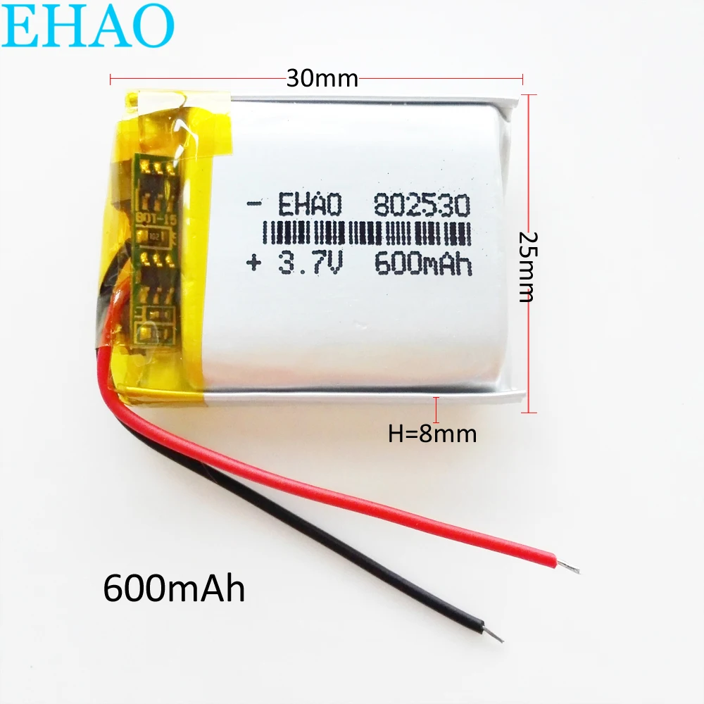 3.7V 600mAh Lithium Polymer LiPo Rechargeable Battery 802530 For Mp3 Headphone PAD DVD E-book Bluetooth Headset Recorder Camera