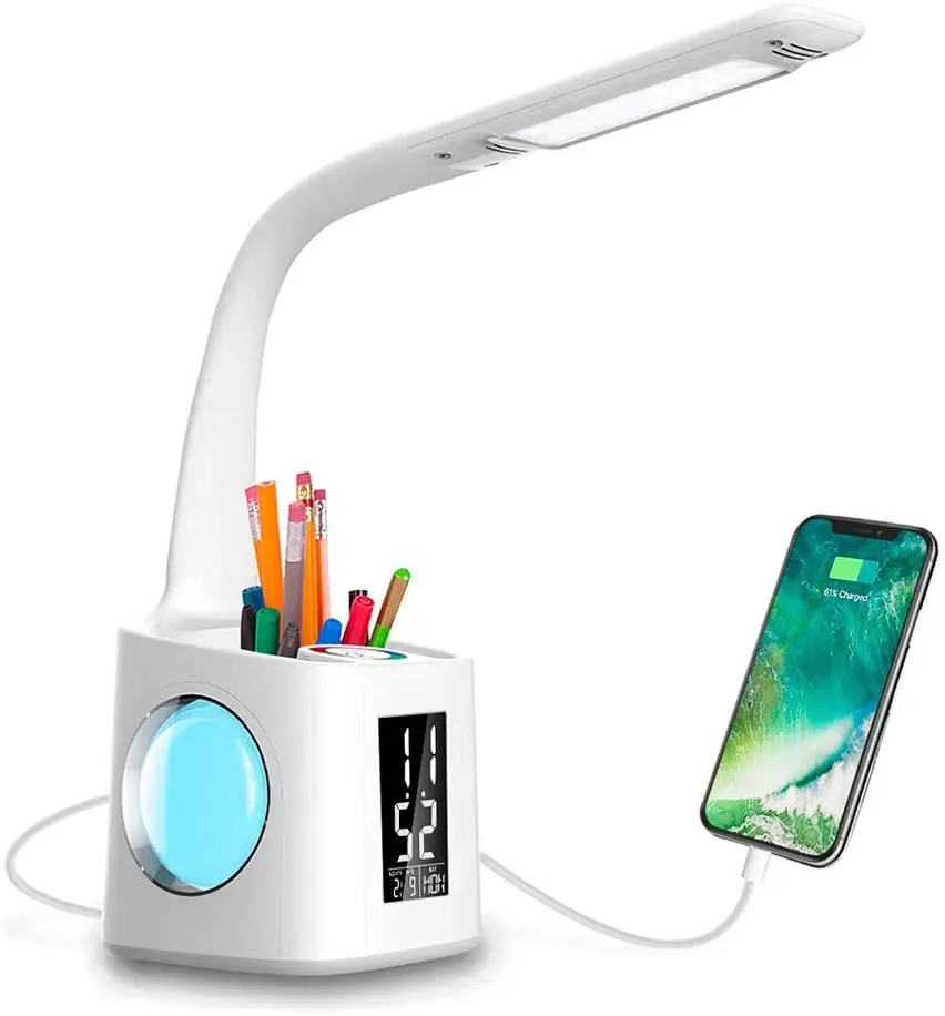 Lampada da tavolo a LED da studio LAOPAO con porta di ricarica USB da 10W e schermo e calendario e colori luce notturna lampada da tavolo