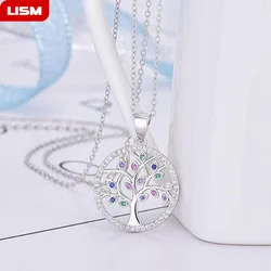 Colorful 100% 925 Sterling Silver Life of Tree Pendant Necklace with Crystal Zircon Women Fashion Jewelry Gift For Girl Birthday