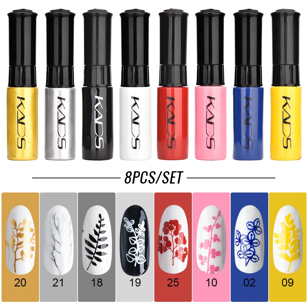 KADS-Juego de esmaltes para uñas, 8 piezas, 7ml, para placa de sello, negro, blanco, dorado, plateado, esmalte de uñas de colores