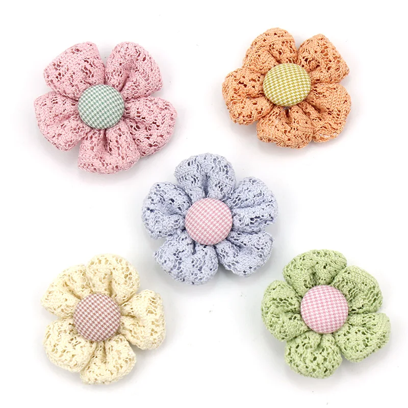 10Pcs 3.5cm Handmade Lace Fabric Flowers Padded Appliques For Crafts Baby\'s Headwear Hairpin Decor Ornaments Accessories