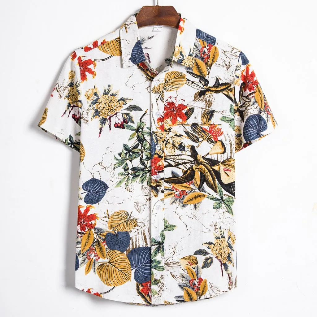 

Men Shirts Ethnic Short Sleeve Casual Printing Hawaiian Shirt Blouse Loose Fit Beach Vintage Floral Bird Print Shirt For Man Top