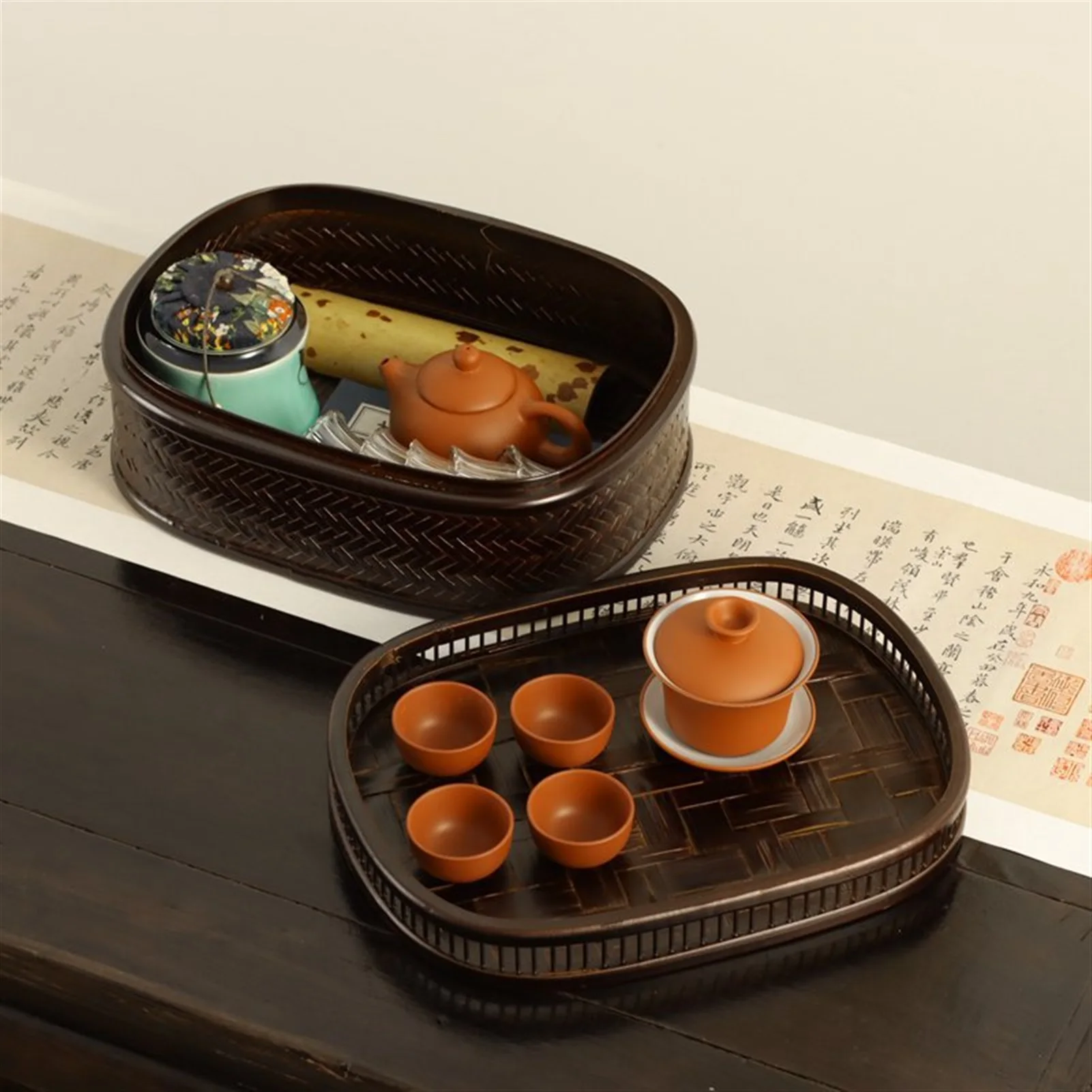 Handmade home dust-proof Japanese bamboo tea set storage basketball machine crafts multi-function cosmetic storage box tea tray