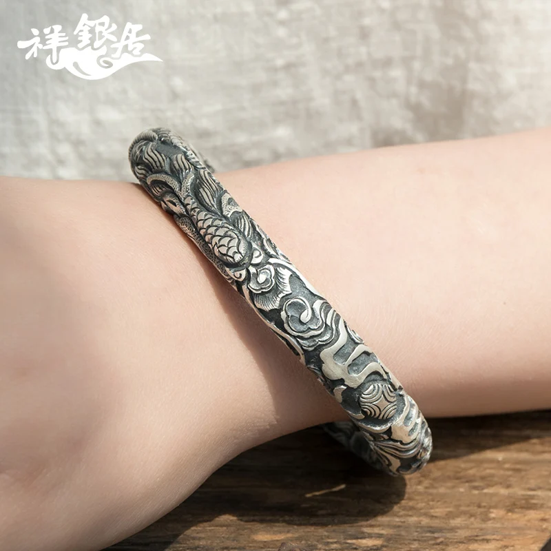 ★silver dragon embrace column men domineering full carving dragon bracelet solid silver dragon playing bead bracelet