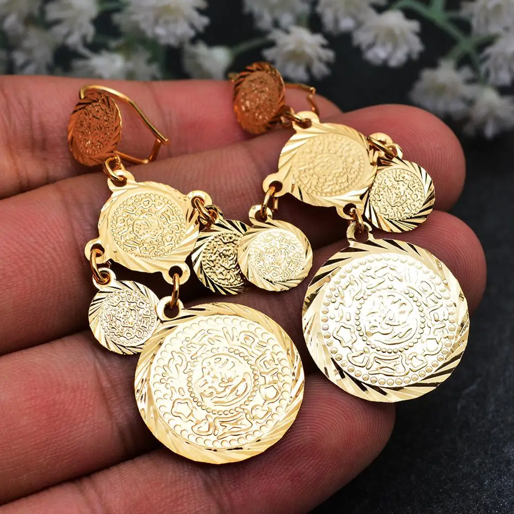 WANDO  Coin Dangle Trendy Earrings For Women Gold Color Women Fashion coins Jewelry Wholesale Round Dangle Drop Earrings