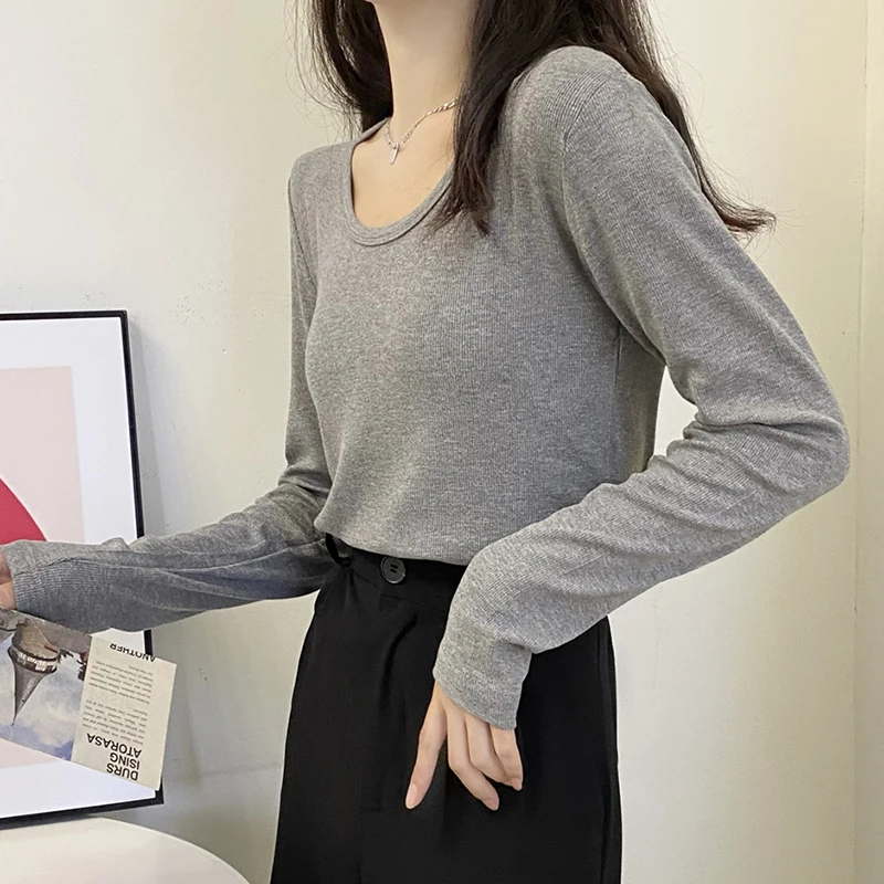 Tee Shirt Femme Solid Screw Thread T Shirt Women Spring Long Sleeve Top Poleras Mujer Slim Cotton Tshirt Korean Clothes Autumn