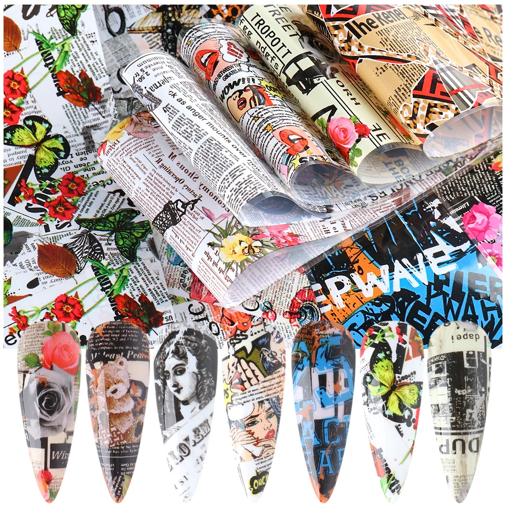 10pcs Newspaper Foil Nail Art Letters Butterfly Nail Stickers Anime Comic Design Transfer Sliders Decals Manicure Decor GL5114