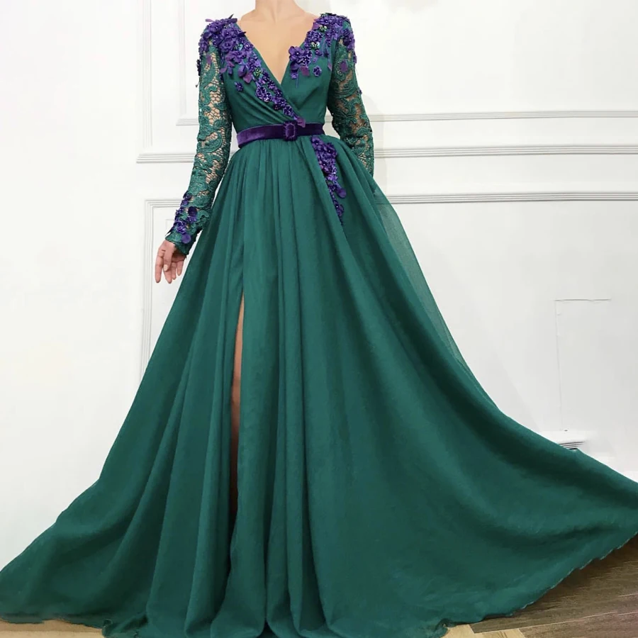 

V-neck Handmade Purple Flowers Prom Dress Long Sleeves Front Slit Sexy Evening Dress with Belt vestidos de noivas