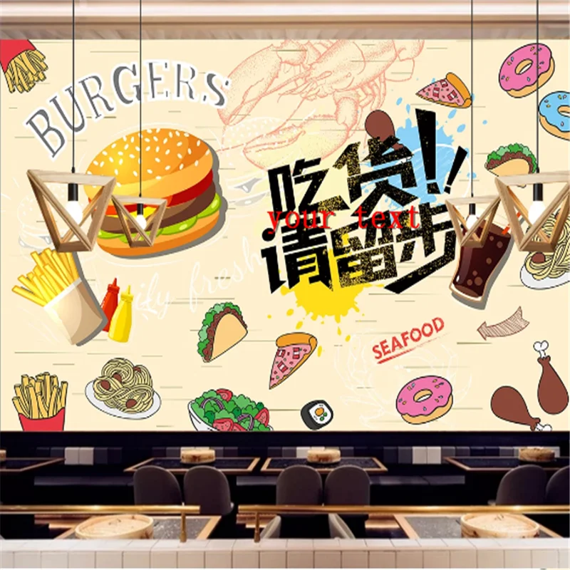 

Custom Burgers Western Fast Food Restaurant Background Wall Mural Wallpaper 3D Snack Bar Pizza Fries Yellow Wall Paper 3D