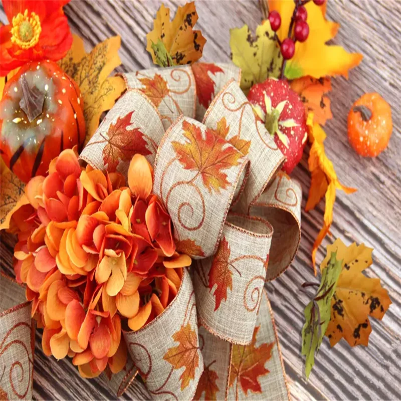 63mm X 25yards Decorative Cotton Burlap Wired Ribbon with Orange Fall Leaves for Craft,DIY Crafting,Wreath Making,Bows N2284