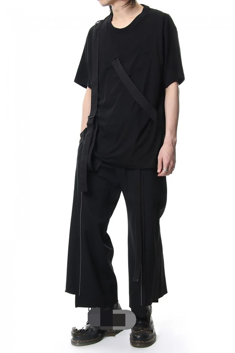 Spring/summer men's new front and rear white line loose-fitting casual pants multi-layer patchwork wide-leg pants