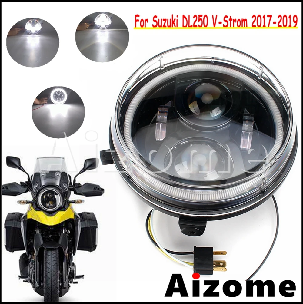 12V 110W Round Motorcycle LED Head Lamp Headlamp Front Headlight Assembly with Angel Eye DRL For Suzuki DL250 V-Strom 2017-2019