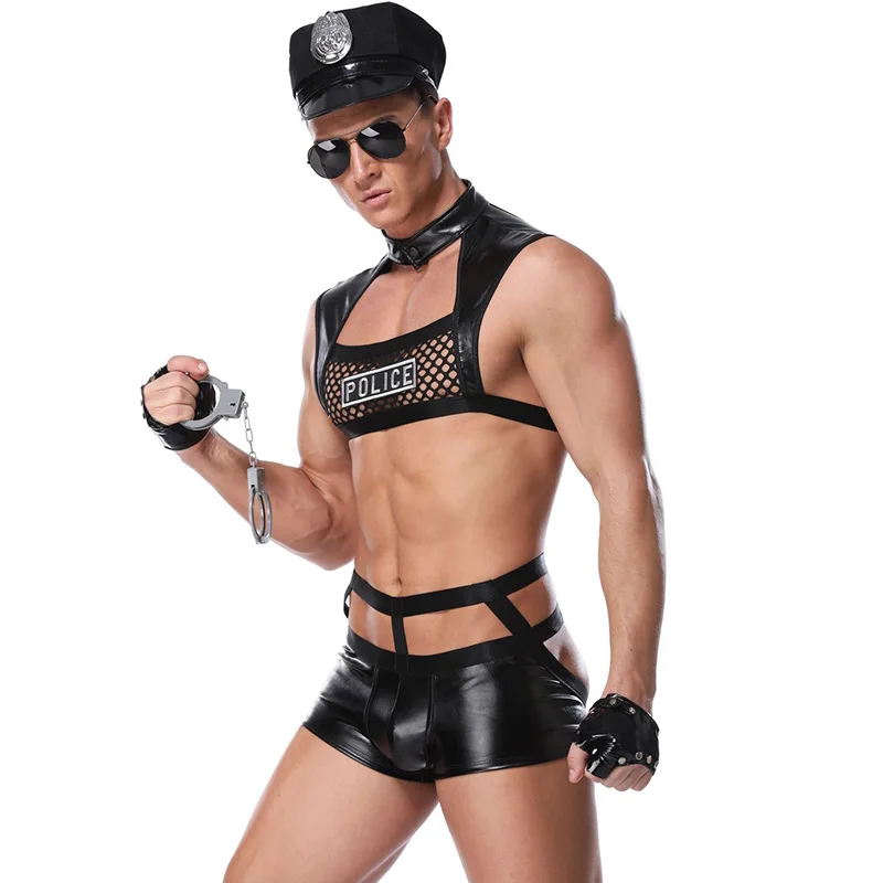 Adult Men Sexy Uniform Black PU Leather & Fishnet Police Officer Cosplay Costume Hot Erotic Carnival Festival Policeman Clothing