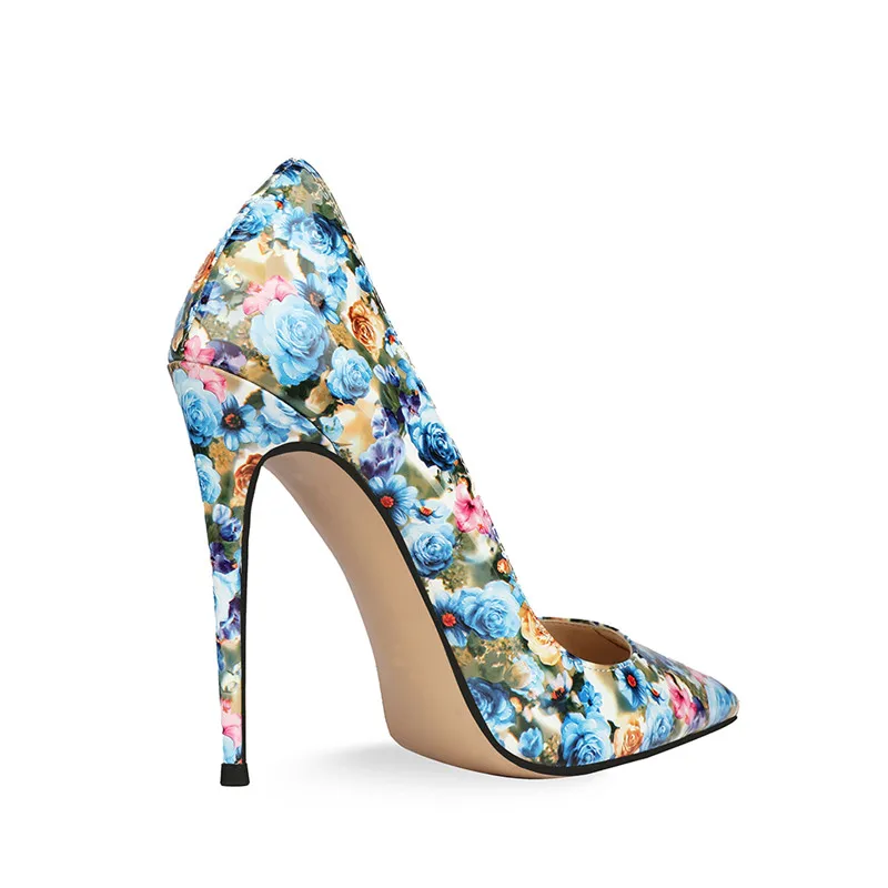 Printing Flower Women Pumps Shoes Patent Leather High Heels Shoes Sweet Shallow Shoes Woman Big Size Blue Floral Wedding Shoes