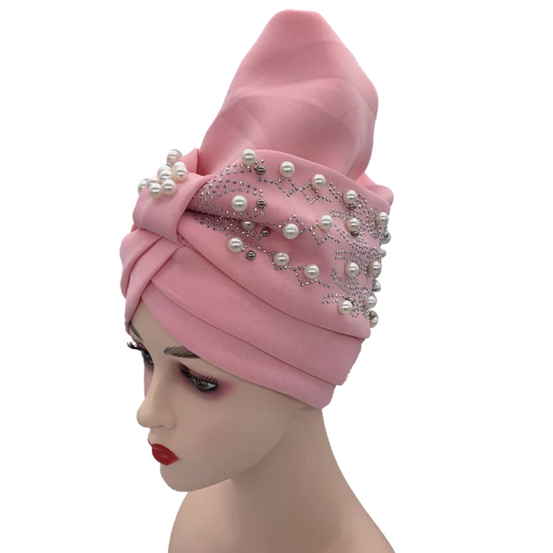 Latest Design African Auto Gele Headtie Muslim Turban Caps with Pearls Headwrap for Women Wedding Party Cap Headwear