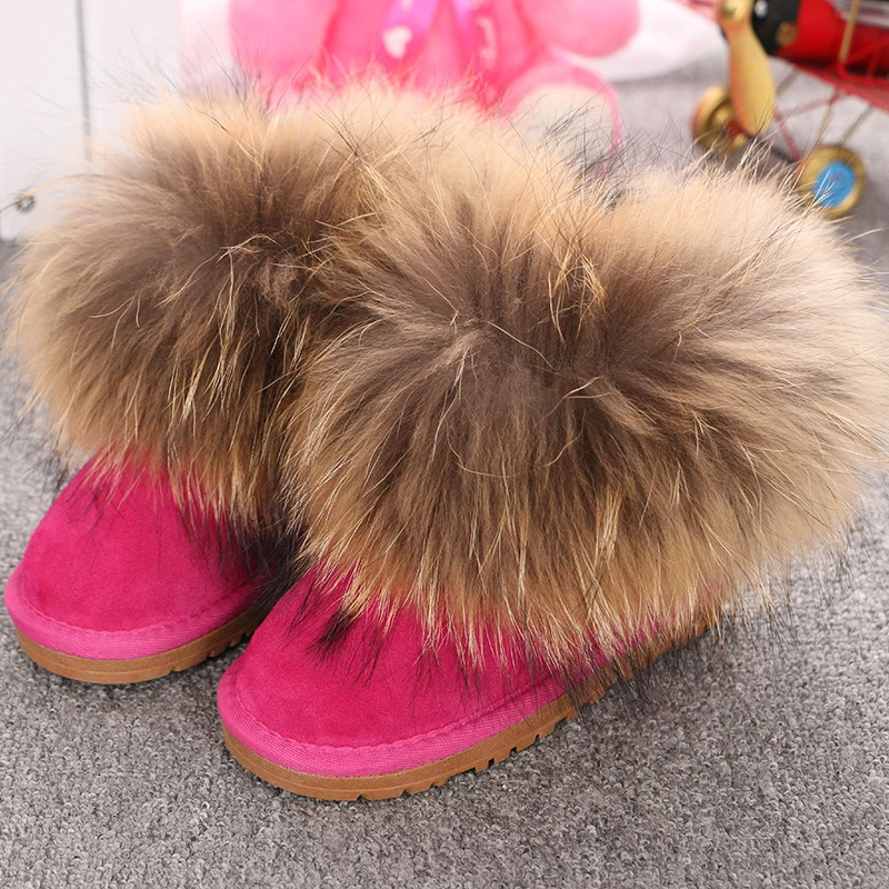 Genuine Leather Children Shoes Customized Kids Snow Boots Natural Big Fox Fur Cold Winter Boys Girls Warm Botas Baby Boots