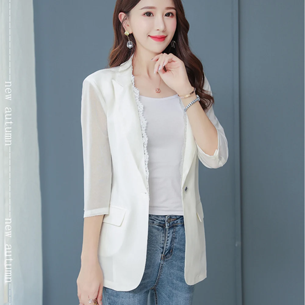 women blazer slim fit blazer ladies blazer jacket Spring summer fashion new seven-point sleeves thin jacket lace one button suit