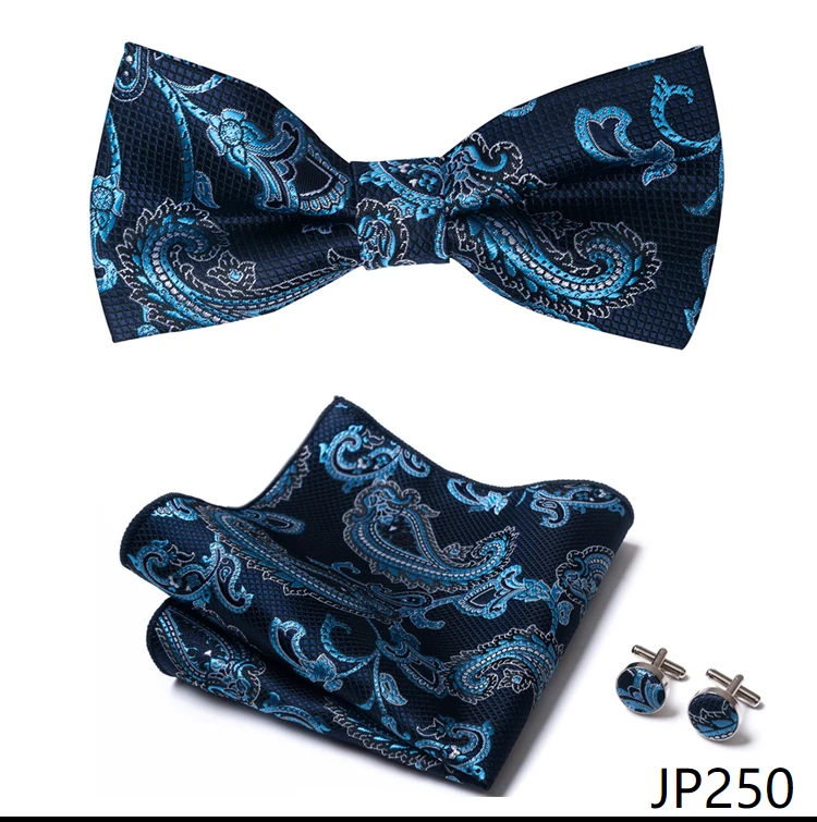 Great Quality Silver Office Butterfly Hanky Cufflink Set Bowtie For Men Geometric Hombre Formal Clothing