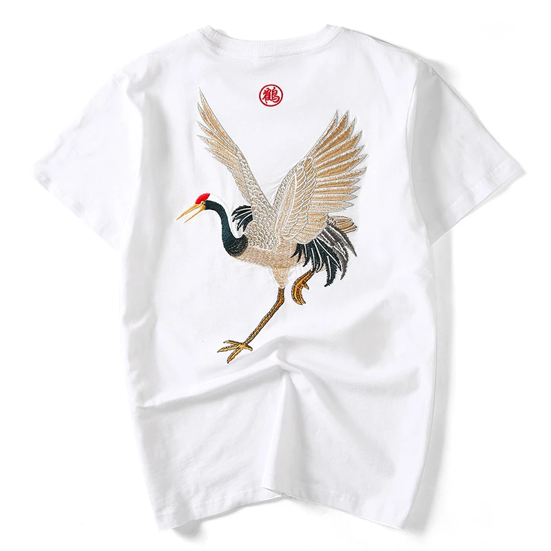 Lyprerazy Streetwear Chinese Japan Style Red-crowned crane TShirts Mens Short Sleeve T-shirts Hip Hop Embroidery Tees