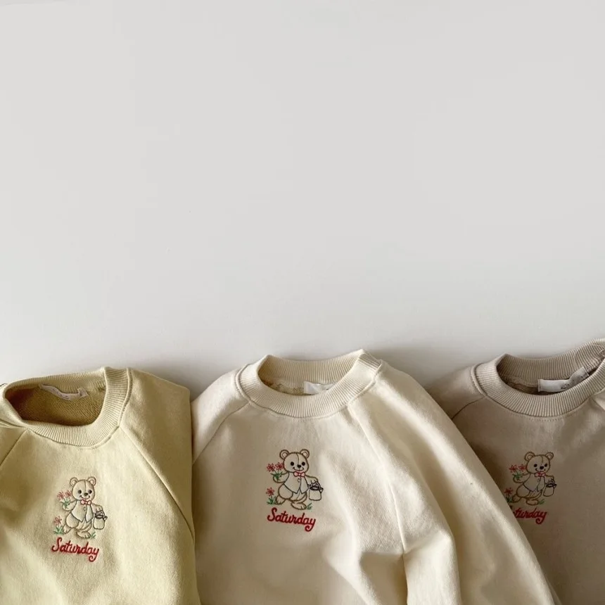 Spring New Baby Cartoon Sweatshirt Cute Bear Embroidery Sweatshirt For Boys Kids Long Sleeve Tops Cotton Girls Casual Pullover