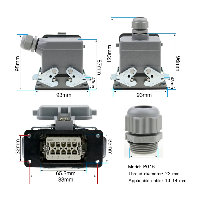 Rectangular heavy-duty connector he-10-5-10 10 core side ejection base  cover  high base cover aviation plug 16A