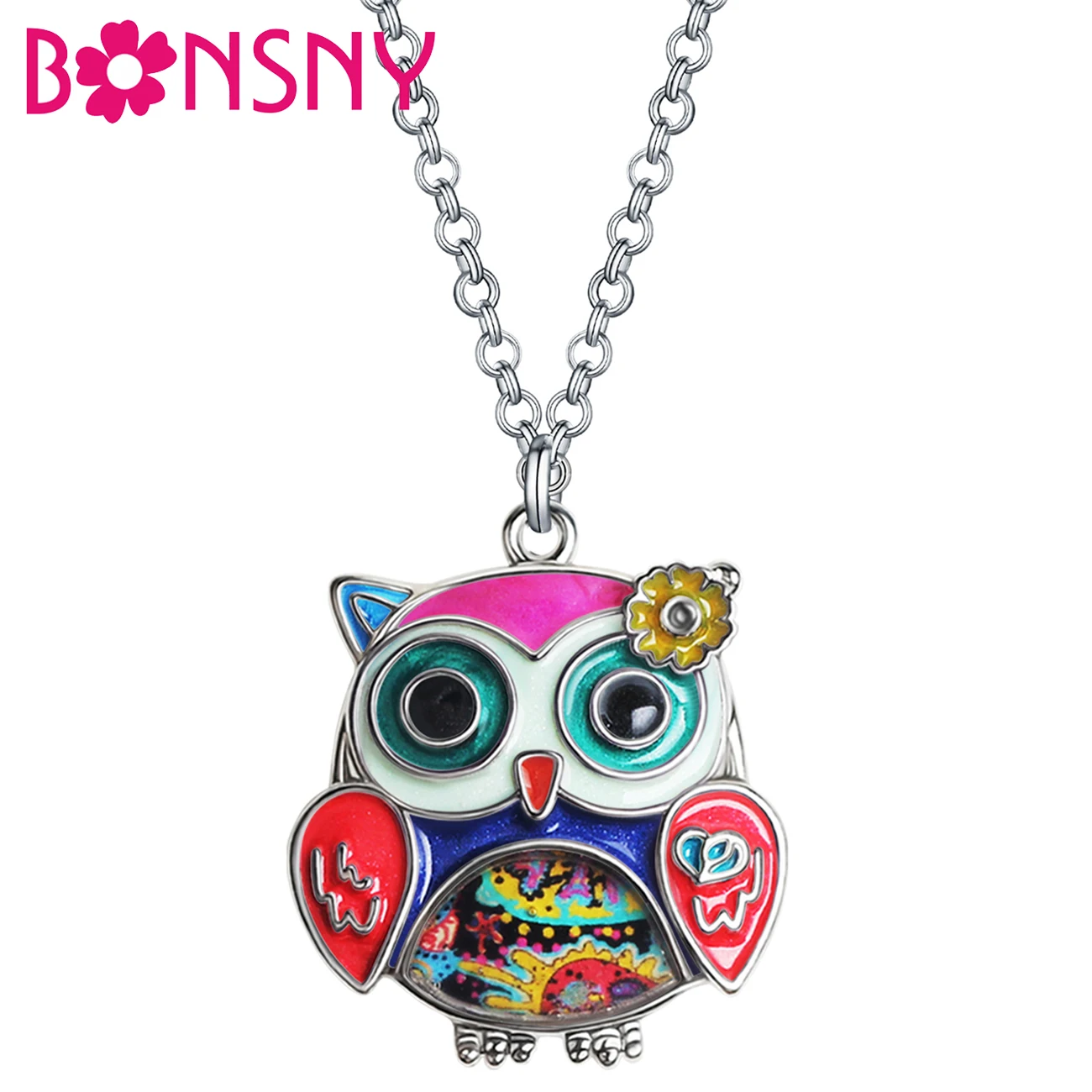 

BONSNY Enamel Alloy Floral Sweet Big Eye Owl Birds Necklace Pendant Chain Trendy Animals Jewelry For Women Men Teens Charm Gifts