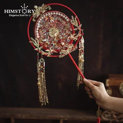 HIMSTORY Vintage Luxury Chinese Bridal Hand Fan Holding Phoenix Round  Handmade Pearls Wedding Bouquet Long Handle Fan