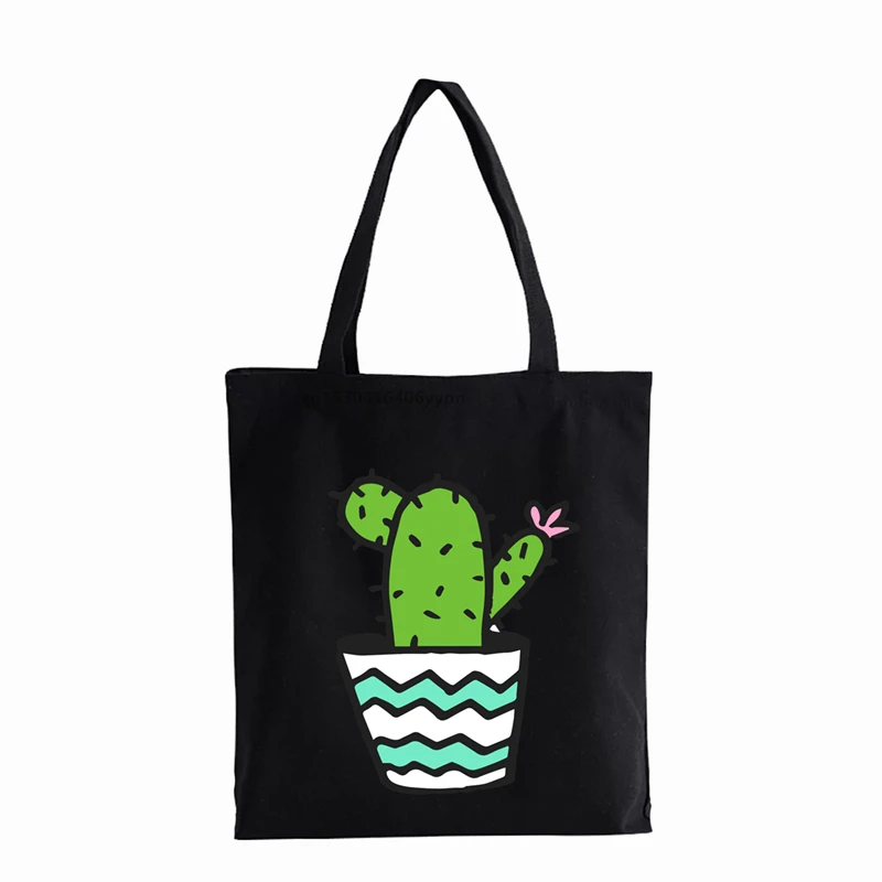 Bolso de compras reutilizable con estampado de Cactus para mujer, bolsa de lona con estampado de dibujos animados, ecológico, bolso de hombro plegable