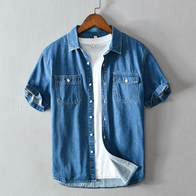 Casual 2022 Shirt Men New Summer Embroidered Single Breasted Thin Section Short Sleeve Denim Shirts Slim Fit Fashion Mens Tops