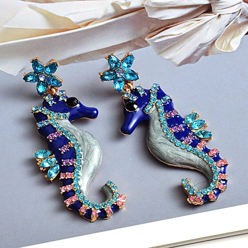 New design Long Seahorse shaped earrings High-quality Metal oiled crystals Drop earring Fashion Jewelry Accessories For Women