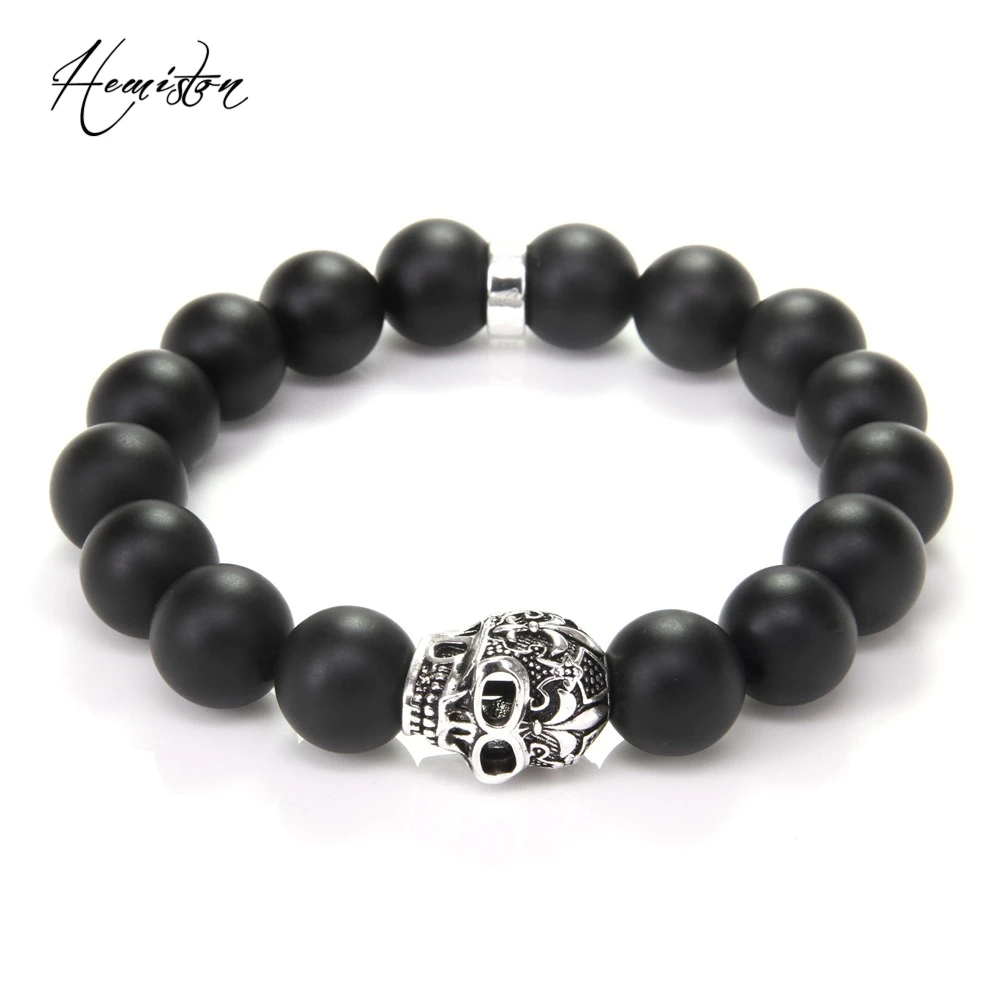 12MM Ts Style BIG BLACK OBSIDIAN AND SKULL with LILY DESIGN BEADS ELASTIC BRACELET, Rebel Heart Style Natural Stone Bracelets