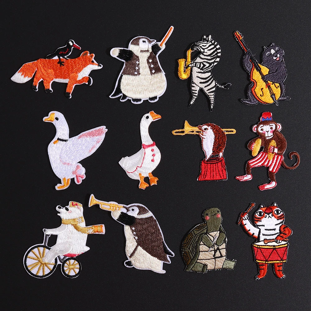 Cartoon Music Animal Team Patches Iron On Zebra Penguin Tortoise Embroidery Appliques High Quality Kawaii Goose Clothes Badges