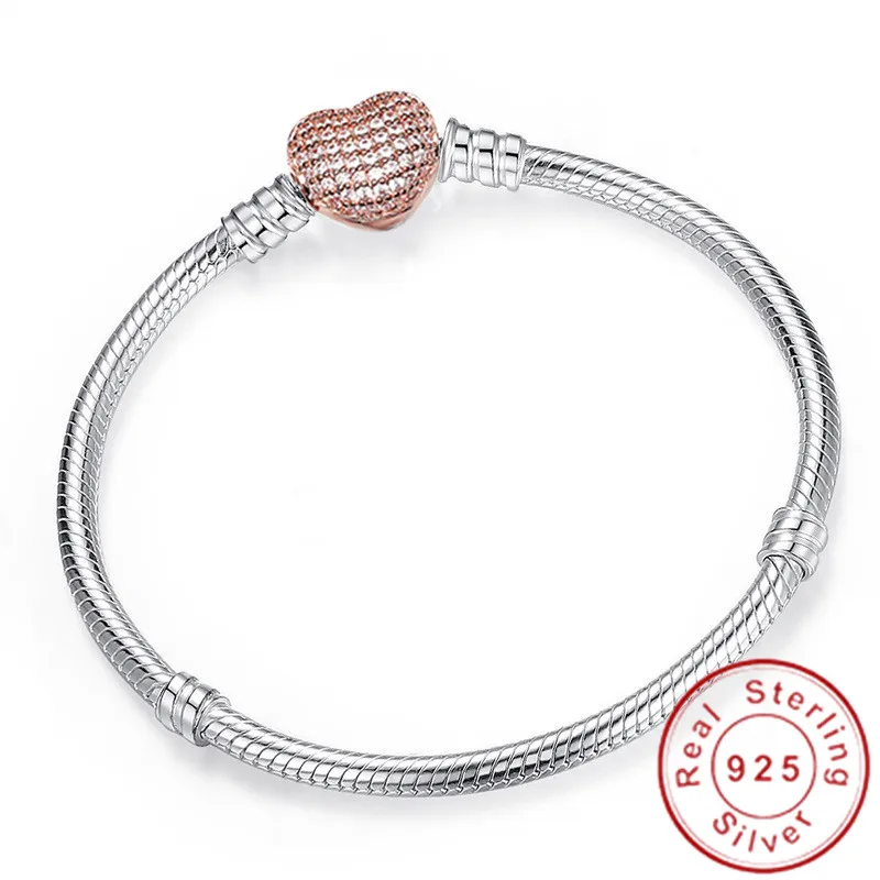 Big Sale Fine DIY Bracelet Bangle for women Original 100% 925 Sterling Silver Heart Clasp Snake Chain Fit Bead Bracelet Jewelry