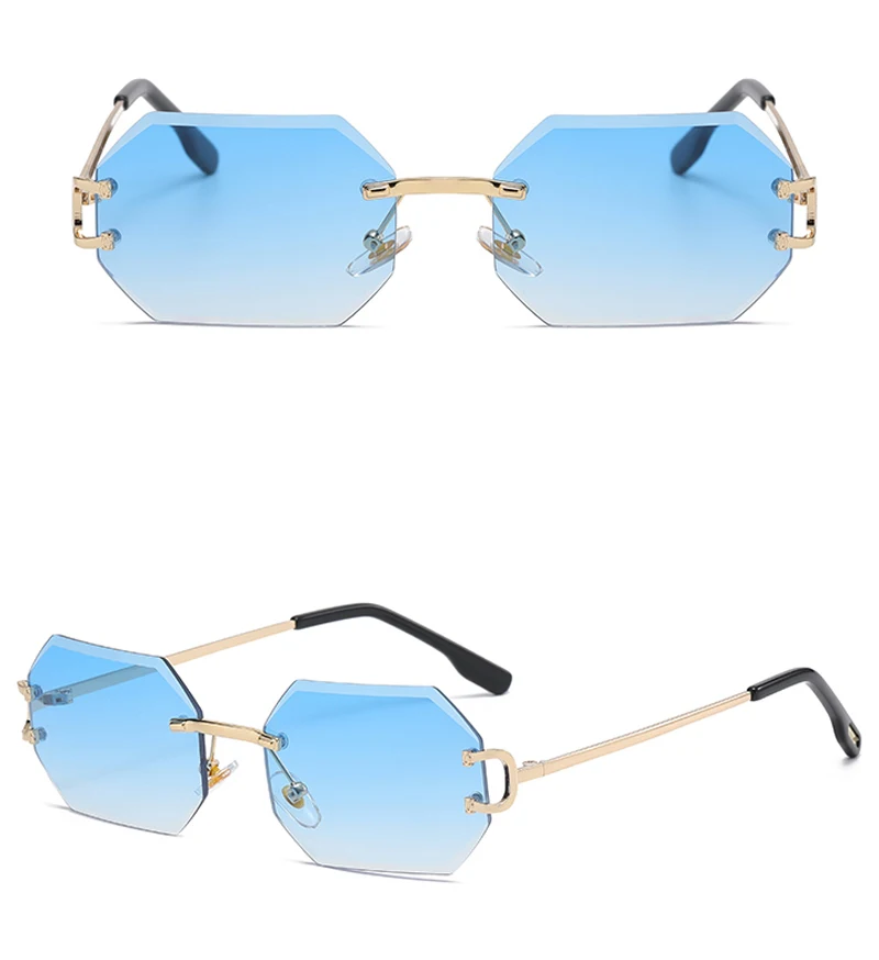 Kachawoo achteckige Sonnenbrille, randlos, Metall, für Herren, modische Sonnenbrille, für Damen, rechteckig, rahmenlos, blau, braun, rosa, europäischer Stil – Detail 8