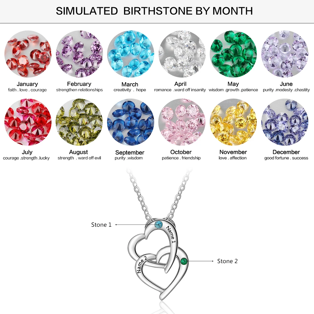 Personalized 925 Sterling Silver Interlocking Heart Necklace with 2 Birthstones Custom Engraved Name Silver Pendants for Women