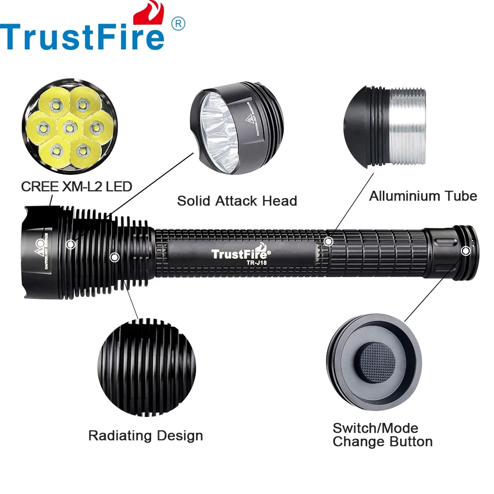 TrustFire J18 LED Flashlight Super Bright 8000 Lumen Use 18650 battery Water Resistant 5 Light Mode Large Hunting Tactical Torch