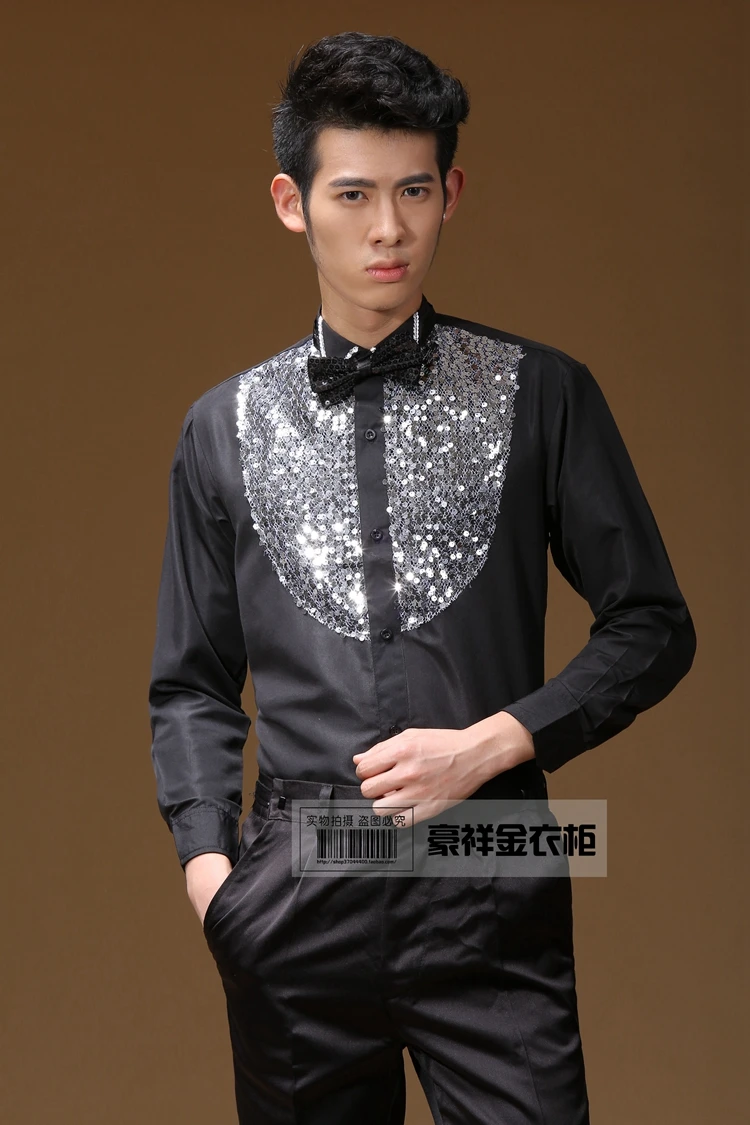 

Homme Robe Ete Sequin Shirts Men's Chemise Stage Dance Performance Glitter Sequined Prom Costume Dress Wedding Groomsmen Shirt