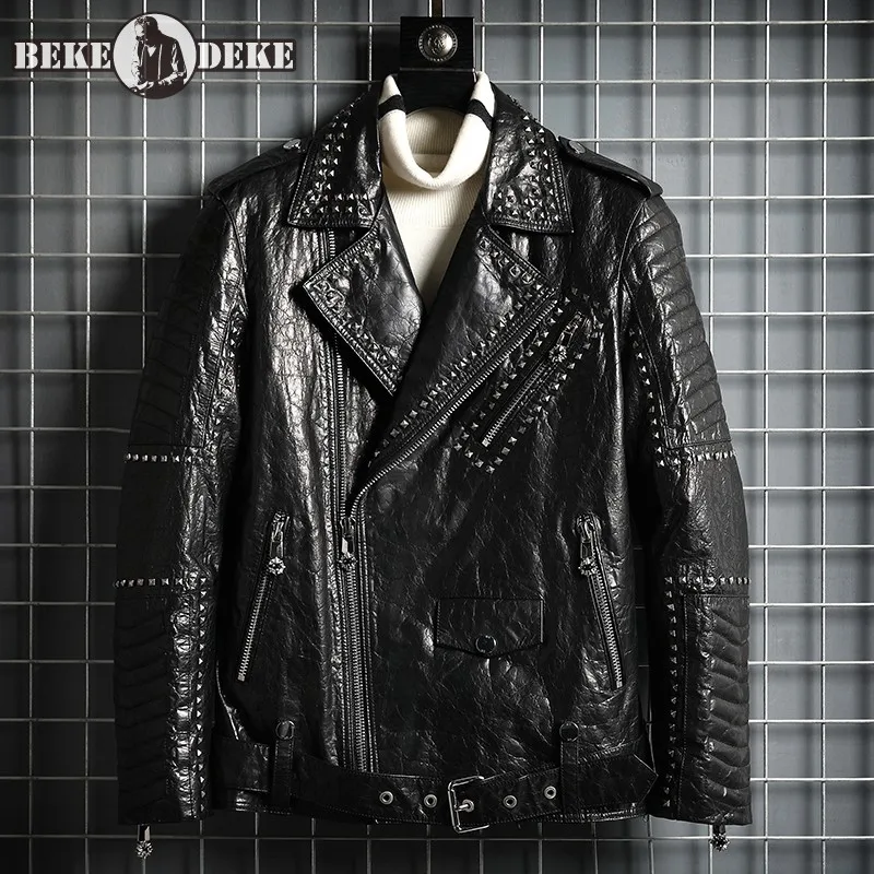 Punk Style Outerwear Rivets Zipper Motorcycle Biker Jacket Men Turn-Down Collar Genuine Leather Cowhide Coat Mens Short Jackets