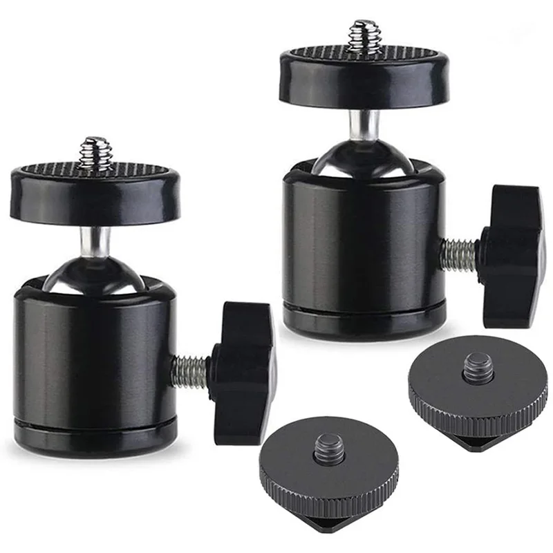 Hot Shoe Mount Adapter 360 Degree Swivel Mini Ball Head 1/4 Tripod Screw Head for Cameras, Camcorders, Smart Phone,  (2 Packs)