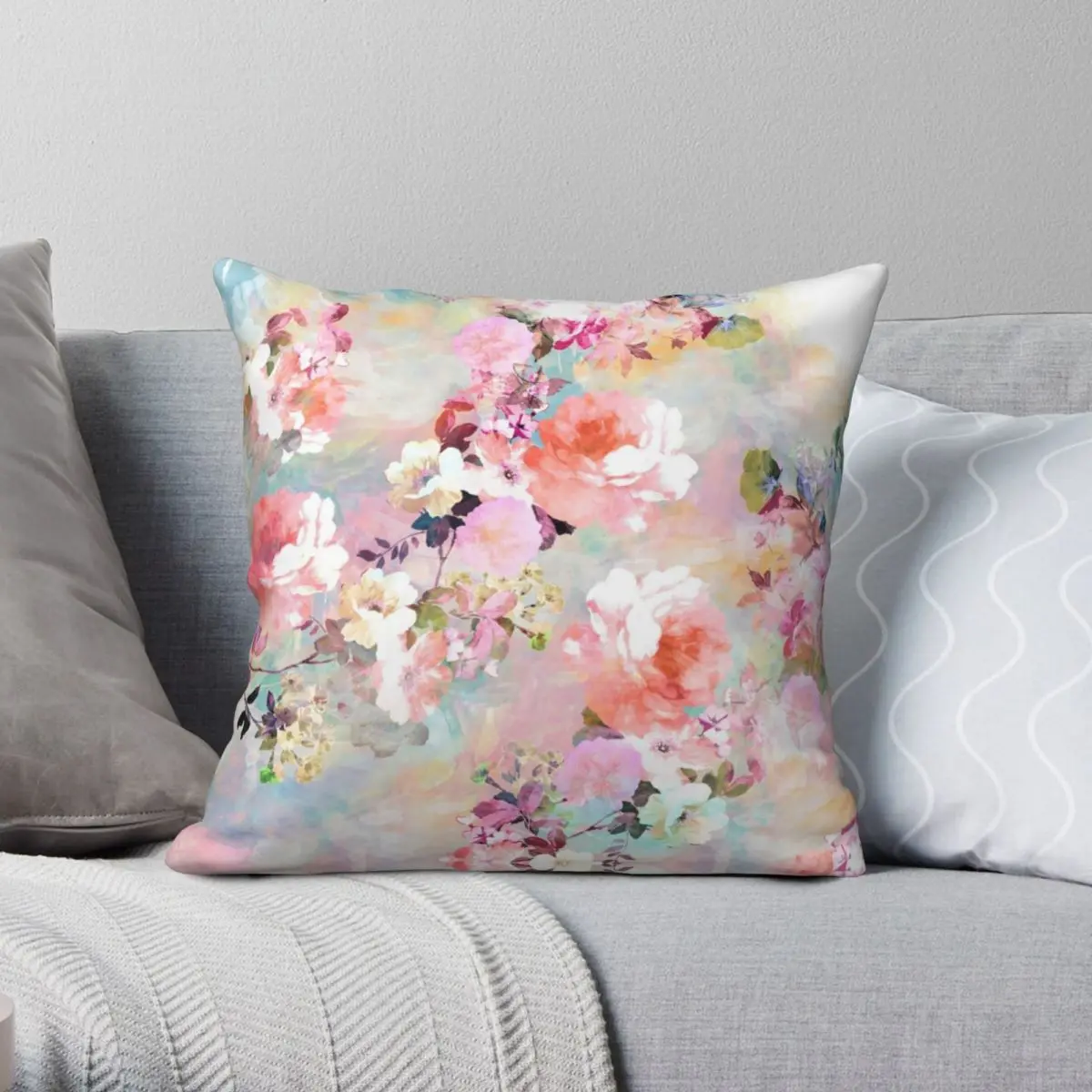 

Romantic Pink Teal Watercolor Chic Floral Square Pillowcase Polyester Linen Velvet Zip Decor Throw Pillow Case Sofa Seater