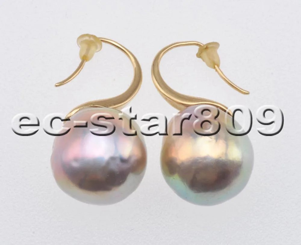 

P6872 Rare 14mm Peacock-Lavender Edison Pearl Earring 14K Solid-Gold Women Fine Jewelry