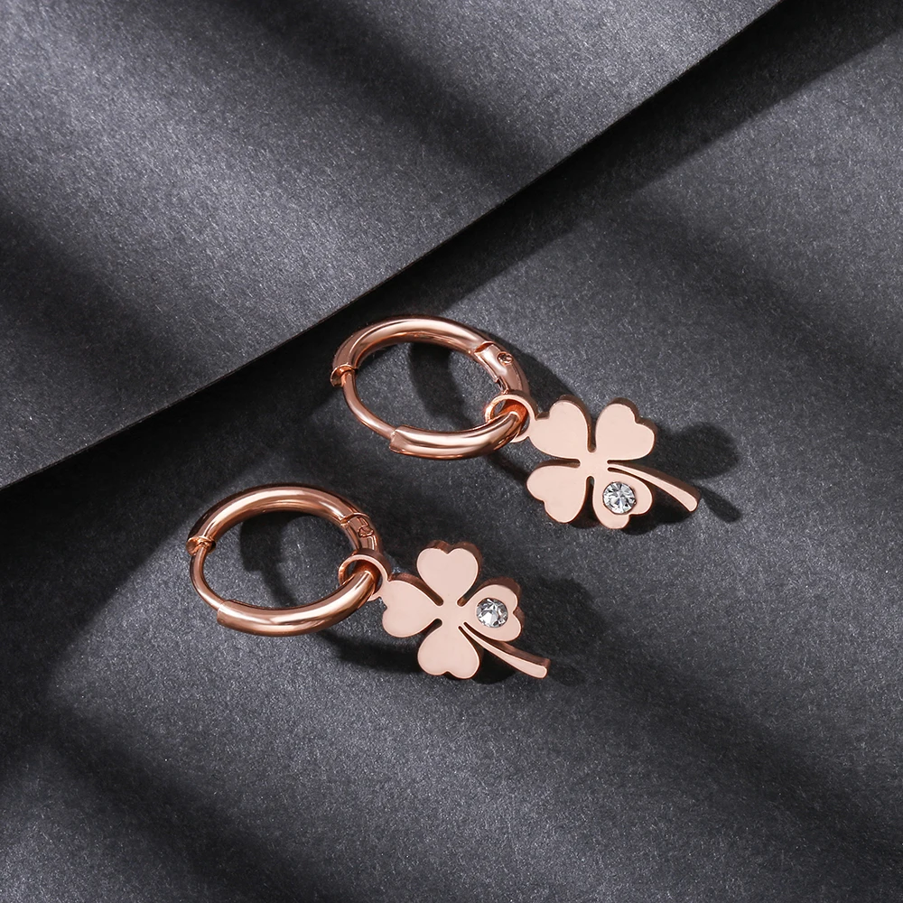 Gold Plated Stainless Steel Earrings For Woman Four Leaf Clover Hoops Earrings With Crystal Wedding Party New Fashion Jewelry